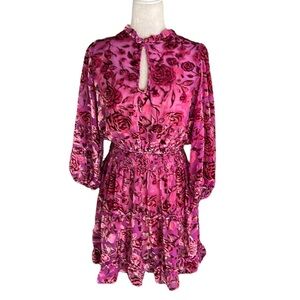 Anthropologie O.P.T Fuchsia Pink Velvet Floral Cutout Puff Sleeve Mini Dress - M